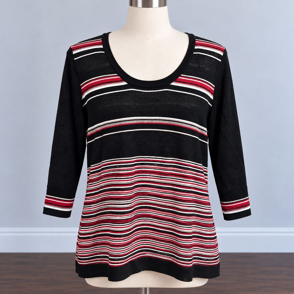 Vintage Y2K i.e. Striped Knit Sweater Womens L Black Red 3/4 Sleeve 2000s